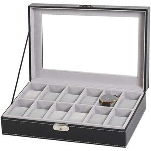 Watch Box 12 Slots Leather Watch Display Case Organizer Watch Holder, Glass Top